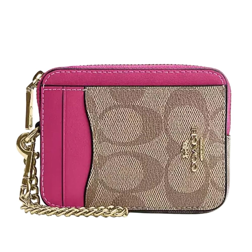 COACH L-ZIP CARD COIN CASE IN SIGNATURE CANVAS KHAKI & BOLD PINK WALLET NEW! - Picture 2 of 5